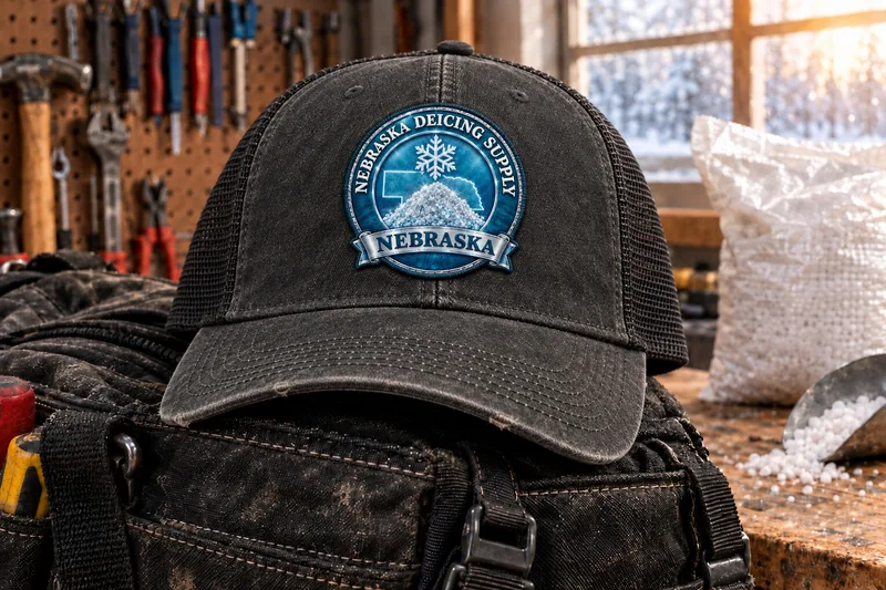 Nebraska Deicing Supply trucker cap on a tool bag in a workshop