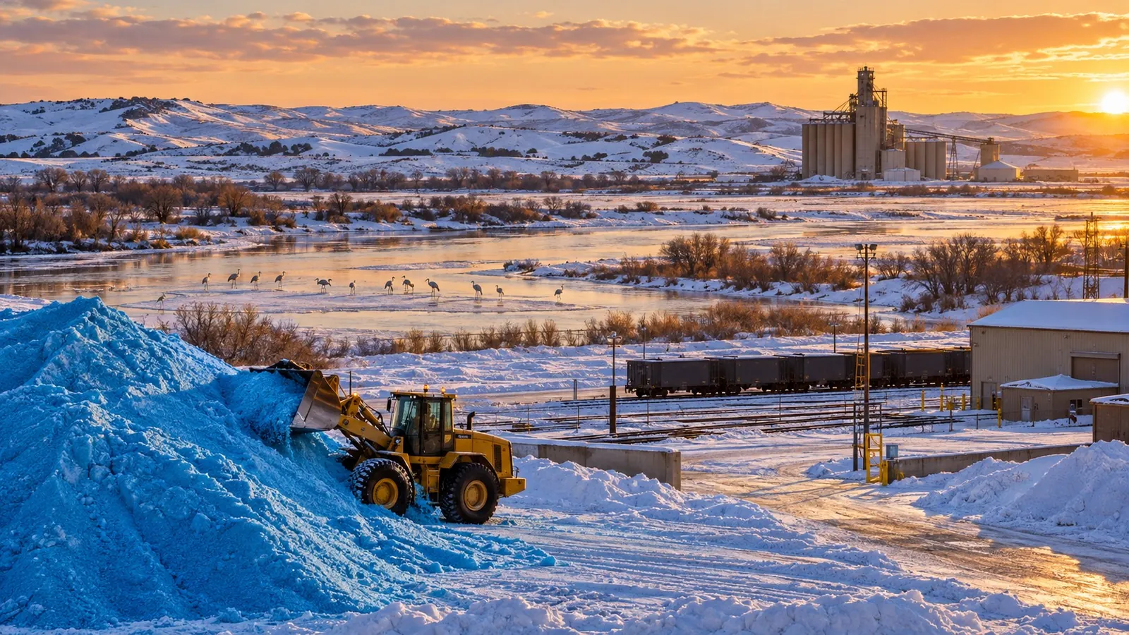 Loader working a pile of blue treated salt beside a rail yard and grain elevator at sunset